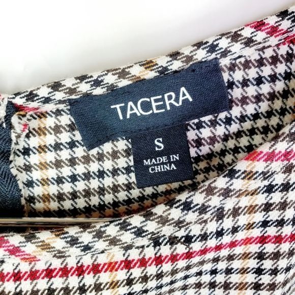 Tacera  Herringbone puff sleeves dress  Small Cream Pencil  Red  plaid - Picture 8 of 9